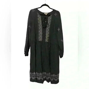 Knox Rose Embroidered Boho Peasant Dress Size 1X – Navy, Long Sleeve, Tie Front